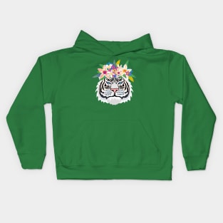 White Tiger with Exotic Flowers Kids Hoodie